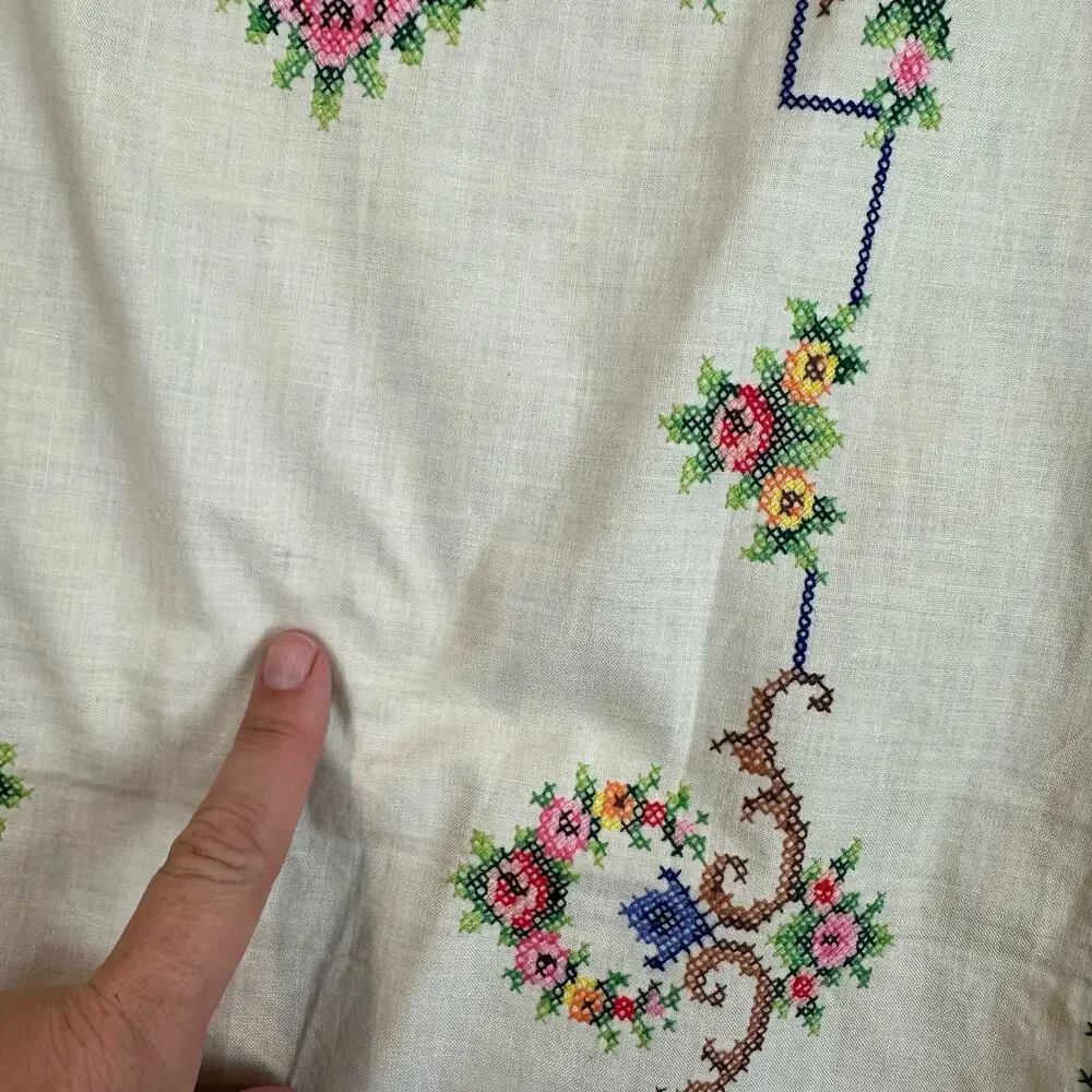 Vintage Cross Stitch Rectangle Table Runner Cover White Blue PInk Floral
